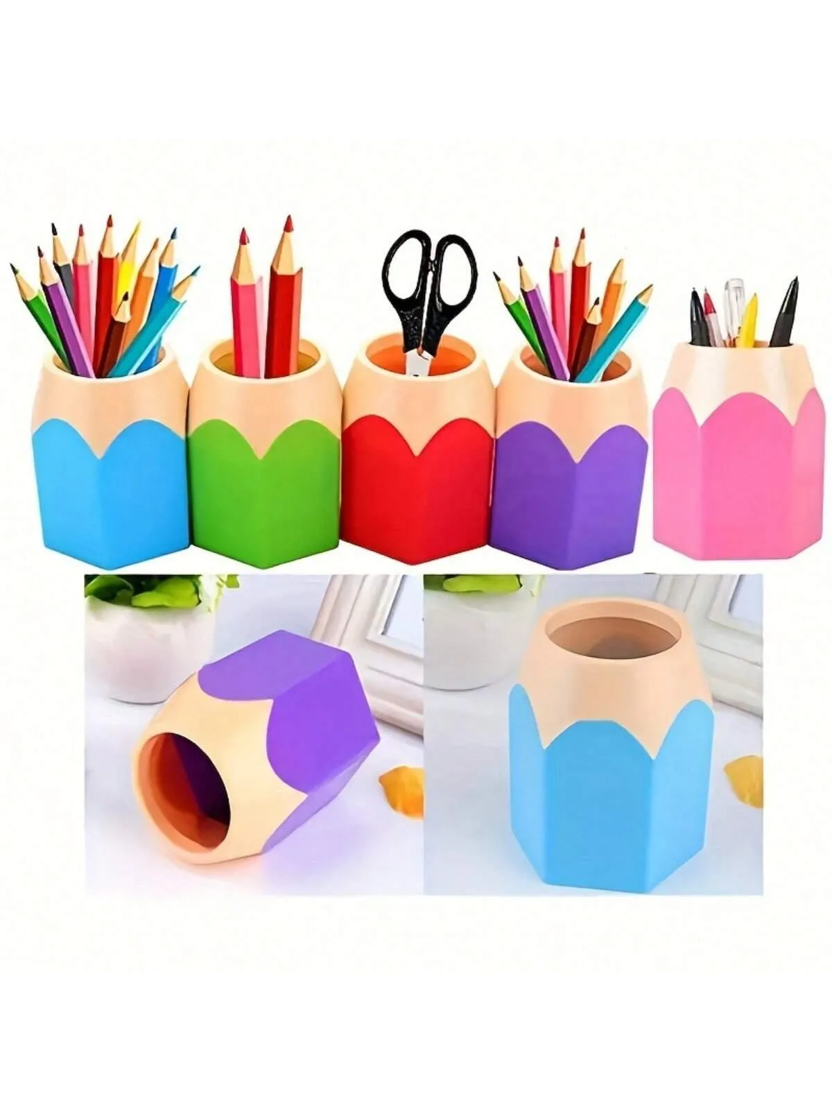 5pcs Vibrant Pencil-Shaped Desk Organizers - Space-Saving, Cute Cartoon Design - Ideal For School, Home Office, Classroom Decor