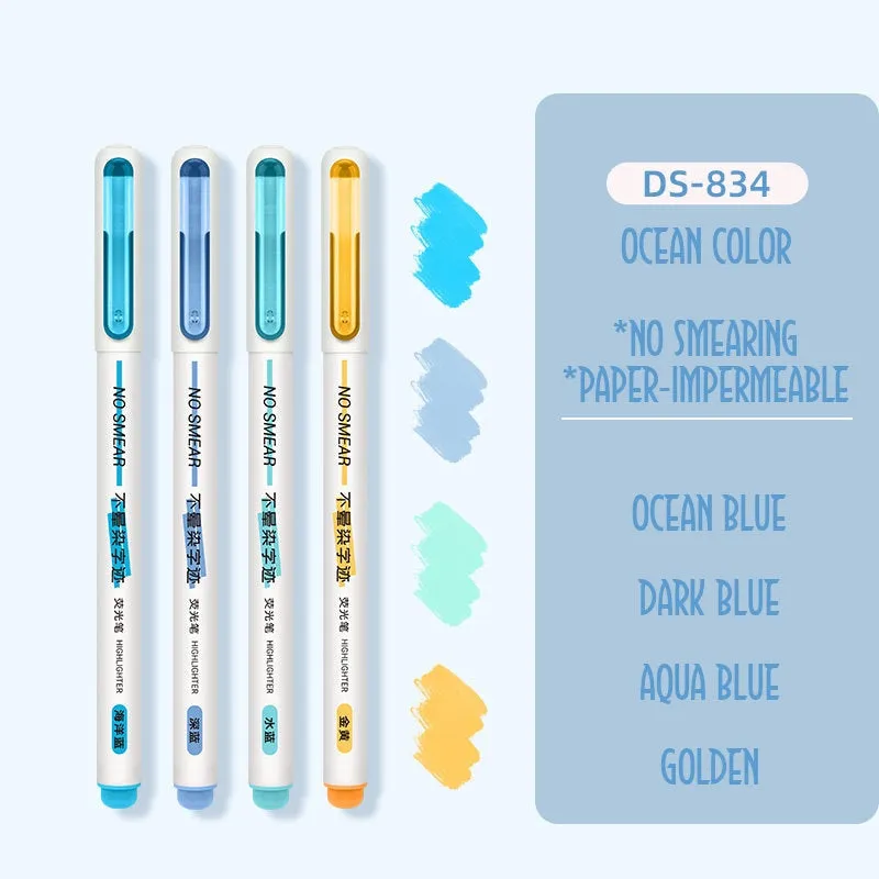 Dianshi NO SMEAR MACARON Color  Highlighter Set Refillable Highlighter Set Eco-Conscious Seven Series 4 Pen Set | Ds-834