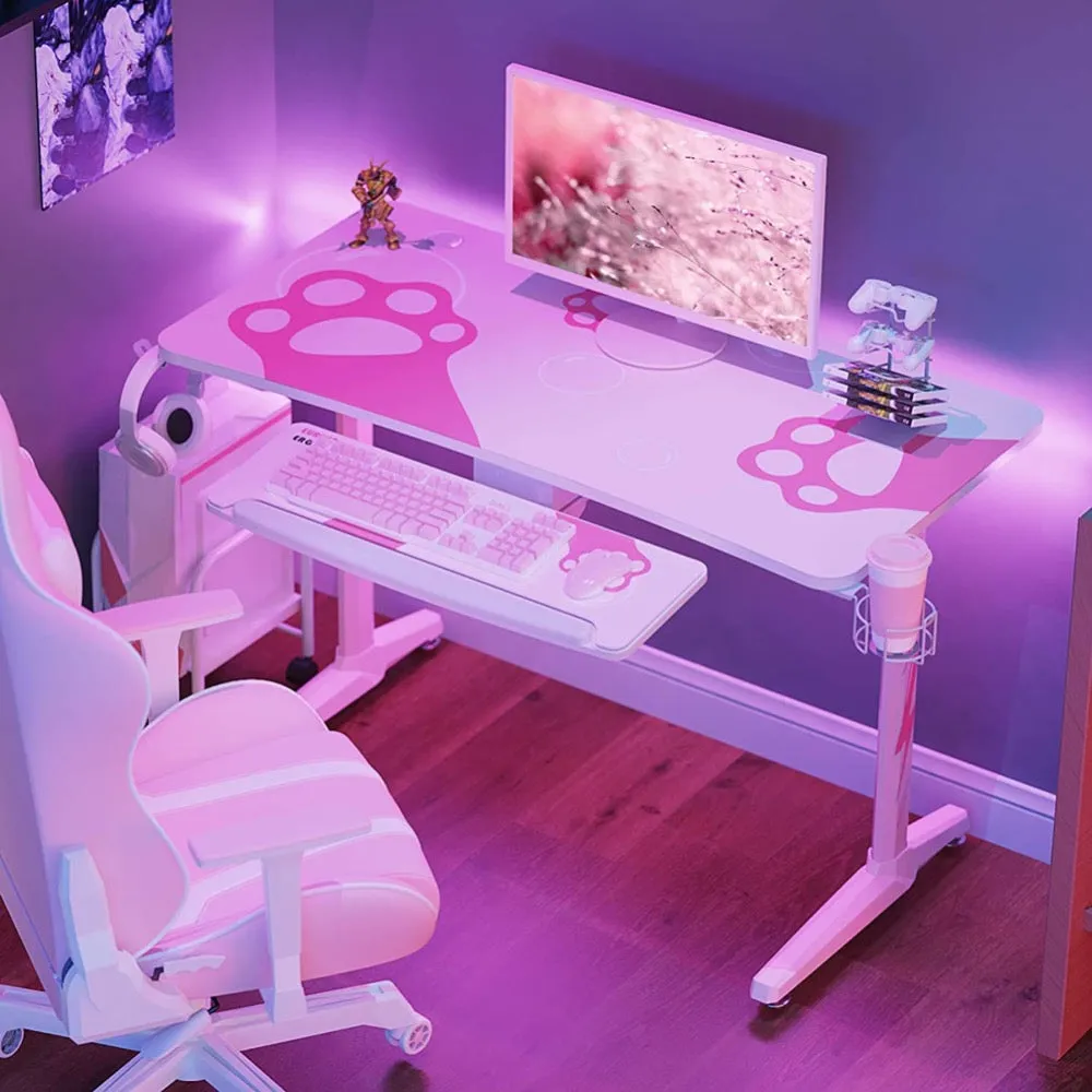 Eureka Ergonomic GIP-P47-PK Pink Gaming Desk 47 inch, Home Office Computer Desk Table with Mouse Pad Cup Holder Headphone Hook