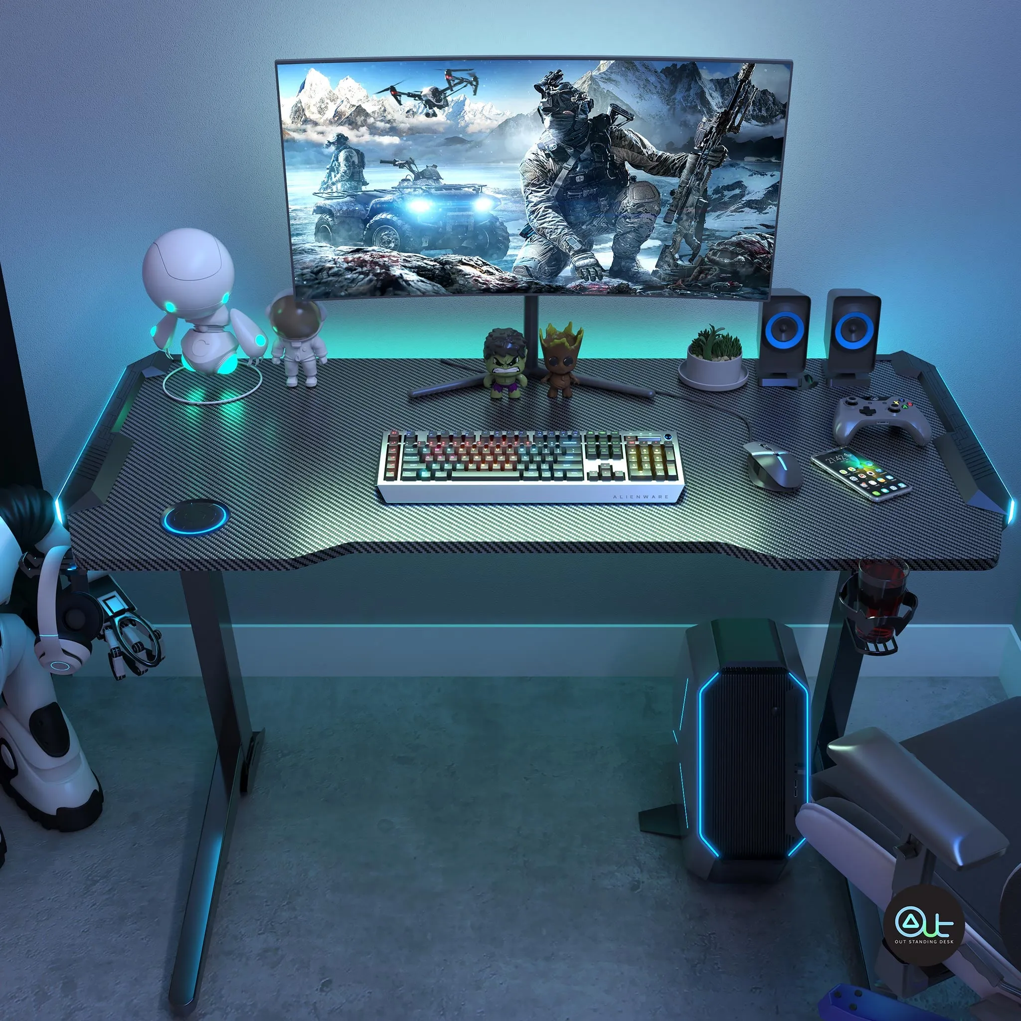 GAME-XL Gaming Standing Desk / 6 RGB LED Lighting / Carbon Filer Texture Surface / Build-in Advanced Control Panel