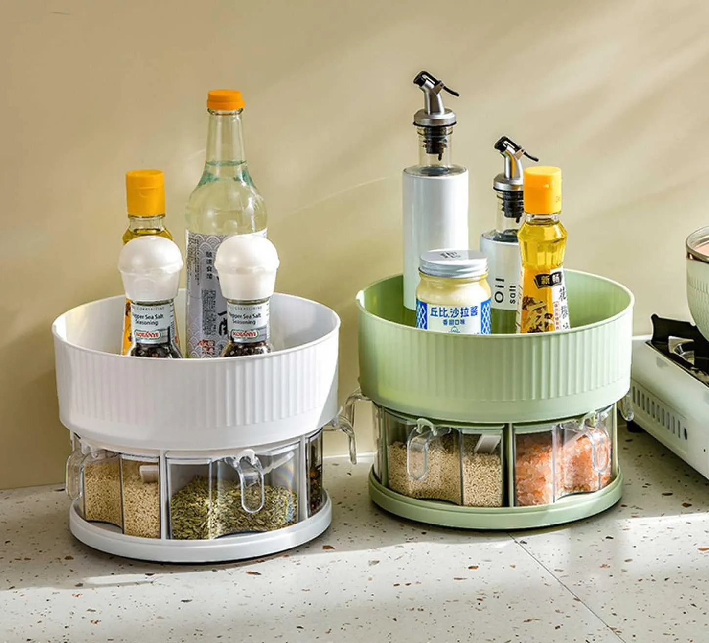 Kuber Industries Spice Box | 360? Rotating Kitchen Spice Organizer | 2-Tier Seasoning Spice Jars | Masala Dani for Countertop | Kitchen Slabs Organizer | Kitchen Containers | B836-SMJ-1 | Green