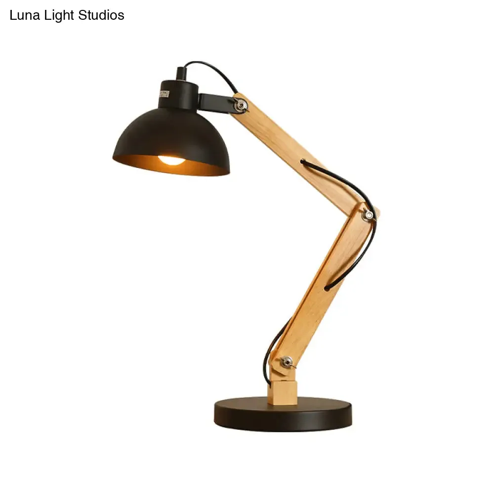 Loft Style Domed Desk Lamp - Metal with Wood Arm, Adjustable, Black/White 1-Light Reading Light for Study Room