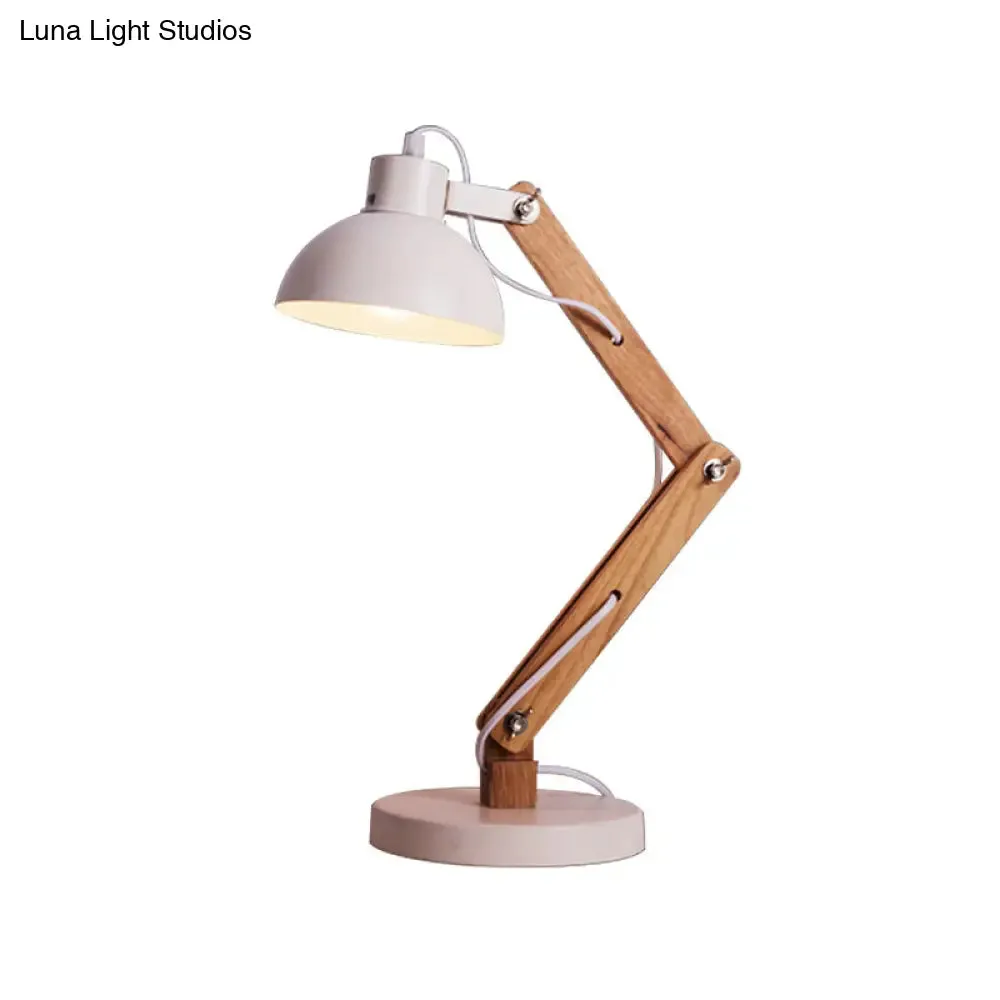 Loft Style Domed Desk Lamp - Metal with Wood Arm, Adjustable, Black/White 1-Light Reading Light for Study Room