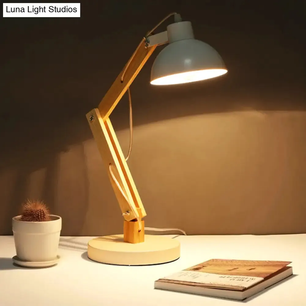 Loft Style Domed Desk Lamp - Metal with Wood Arm, Adjustable, Black/White 1-Light Reading Light for Study Room