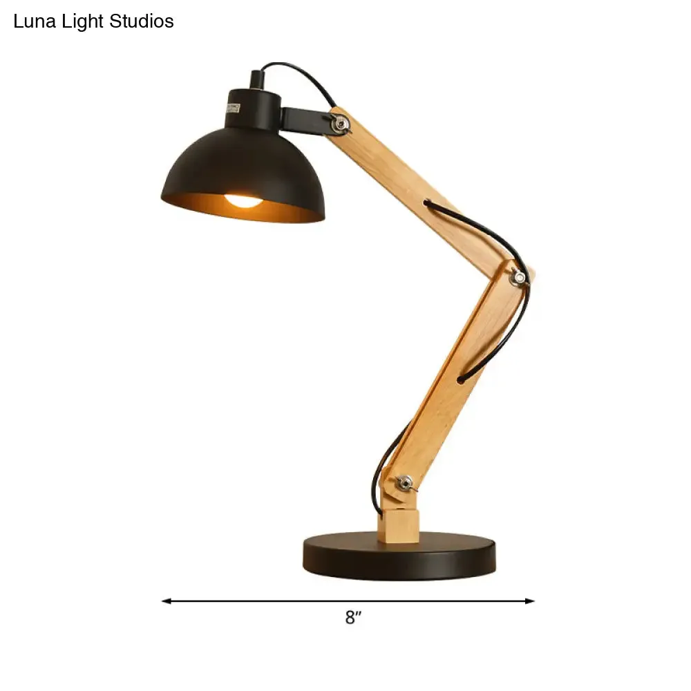 Loft Style Domed Desk Lamp - Metal with Wood Arm, Adjustable, Black/White 1-Light Reading Light for Study Room