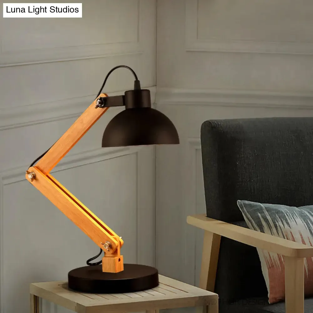 Loft Style Domed Desk Lamp - Metal with Wood Arm, Adjustable, Black/White 1-Light Reading Light for Study Room