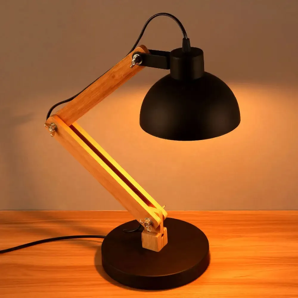 Loft Style Domed Desk Lamp - Metal with Wood Arm, Adjustable, Black/White 1-Light Reading Light for Study Room