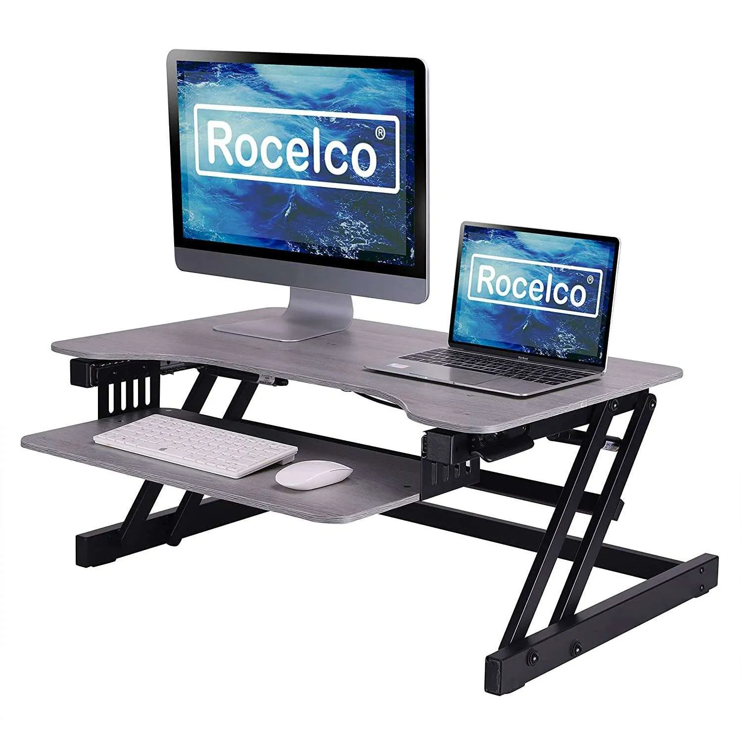 Lorell/Rocelco 32” Height-Adjustable  Dual-Monitor Standing Desk Converter, Gas Spring, Large Keyboard Tray, R ADRW/R ADRG/R ADRB