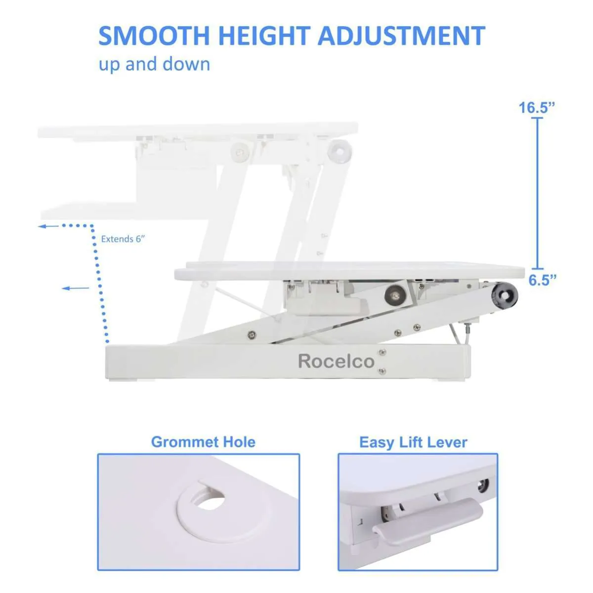 Lorell/Rocelco 37” Deluxe Height Adjustable Standing Desk Converter | Dual Monitor Riser | Gas Spring  | Large Retractable Keyboard Tray, R DADRW, White