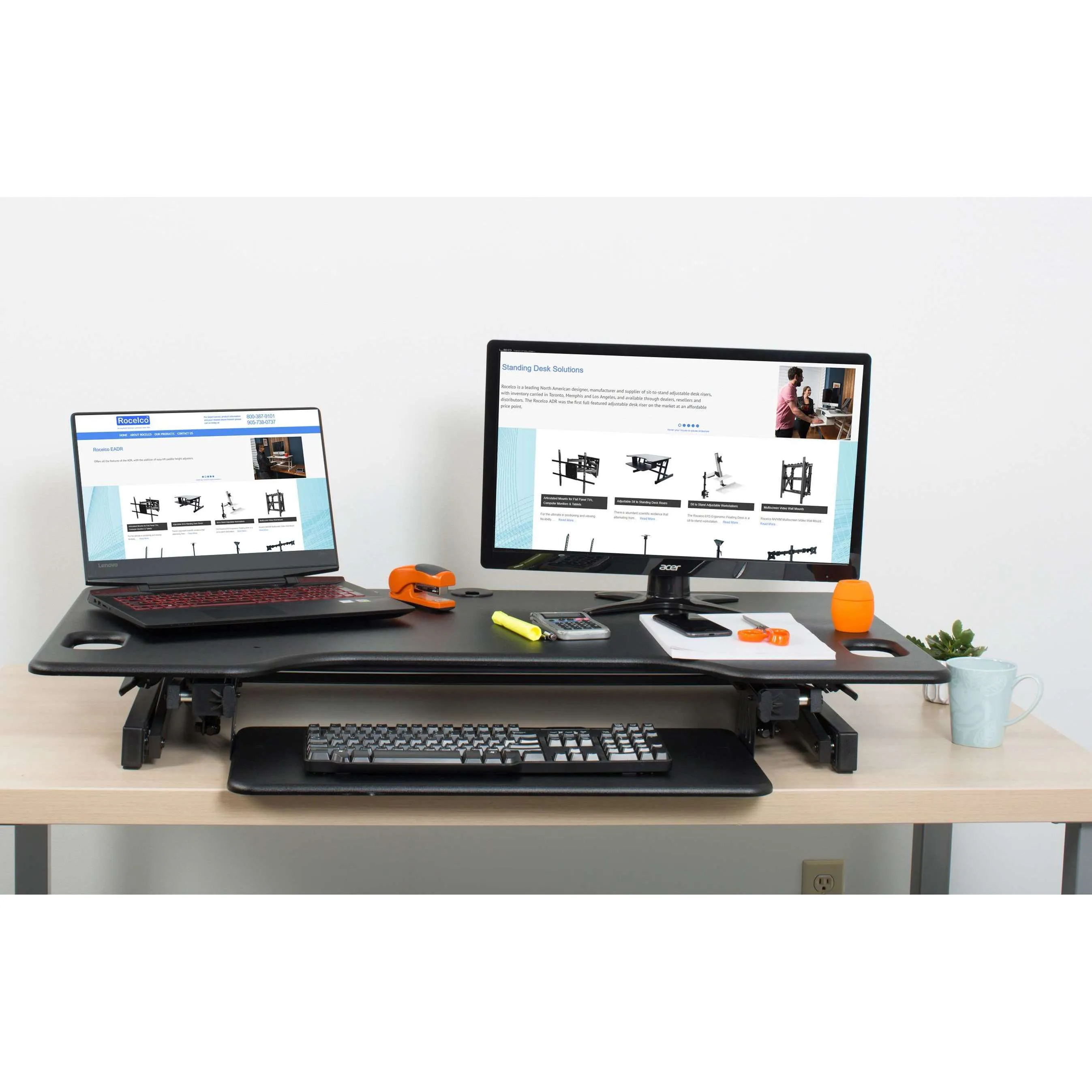 Lorell/Rocelco 46” Large Height-Adjustable Standing Desk Converter w/ Anti Fatigue Mat BUNDLE, R DADRB-46-MAFM, Black