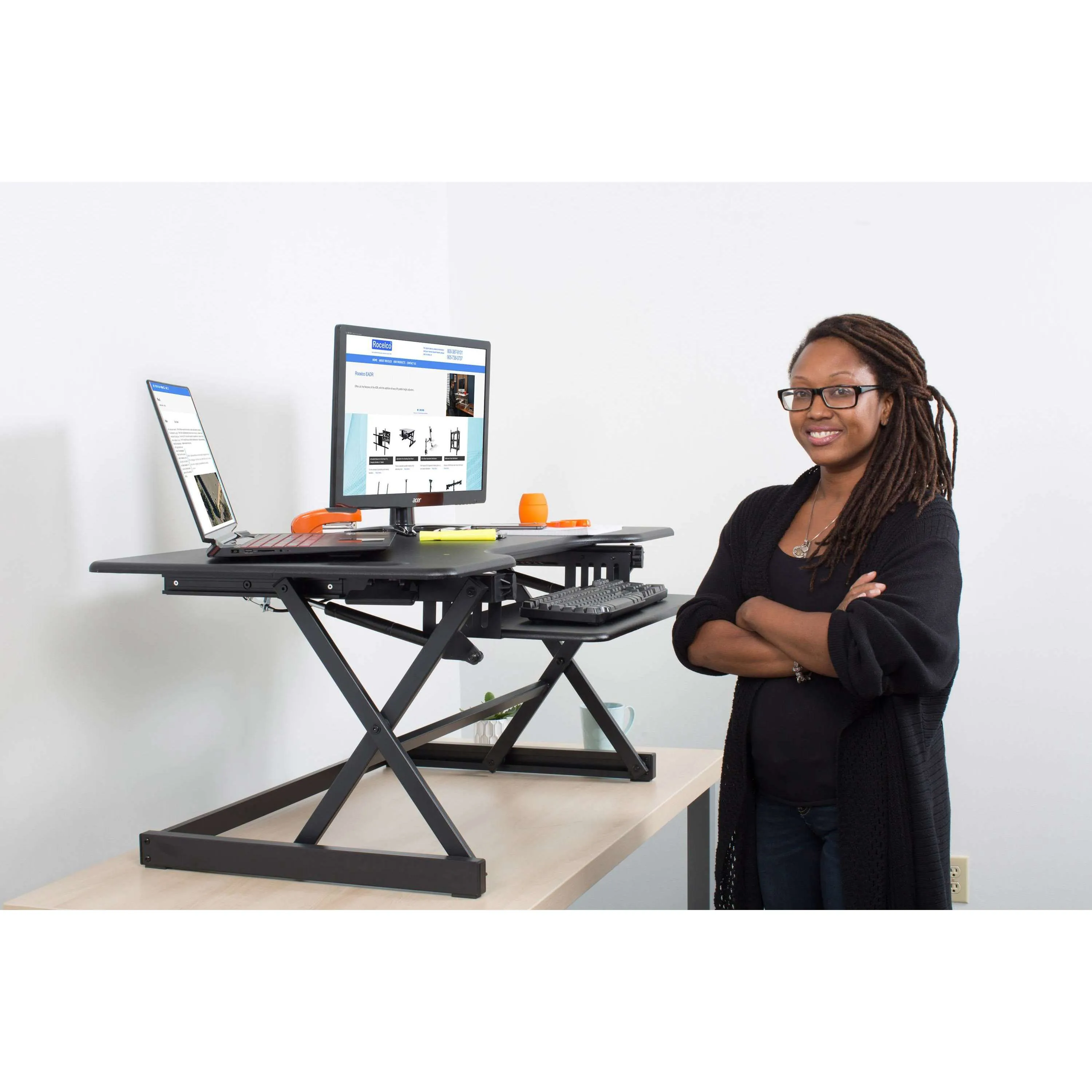 Lorell/Rocelco 46” Large Height-Adjustable Standing Desk Converter w/ Anti Fatigue Mat BUNDLE, R DADRB-46-MAFM, Black