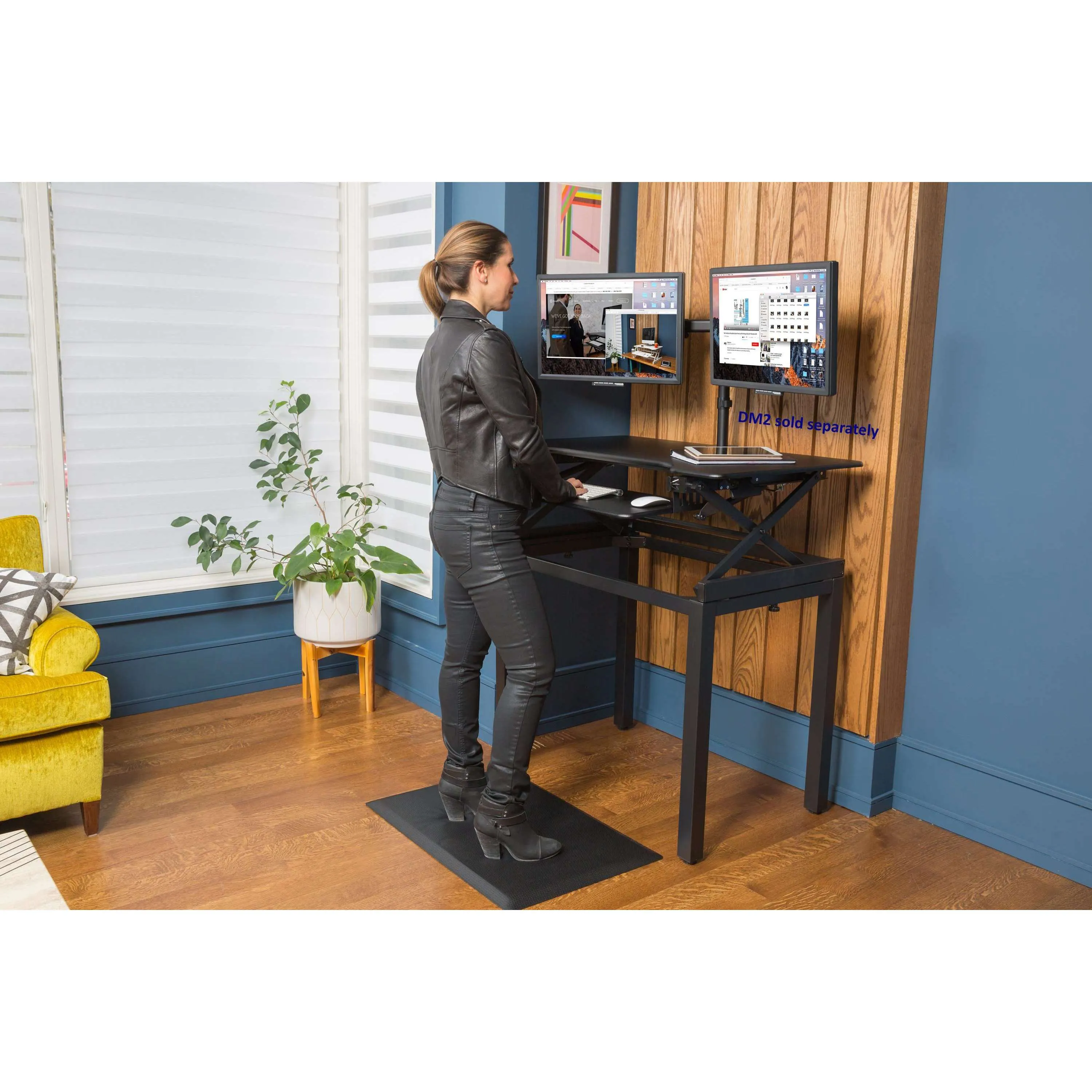 Lorell/Rocelco Black 40” Large Height Adjustable Standing Desk BUNDLE |  Dual Monitor Riser | Deluxe Floor Stand, R DADRB-40-FS