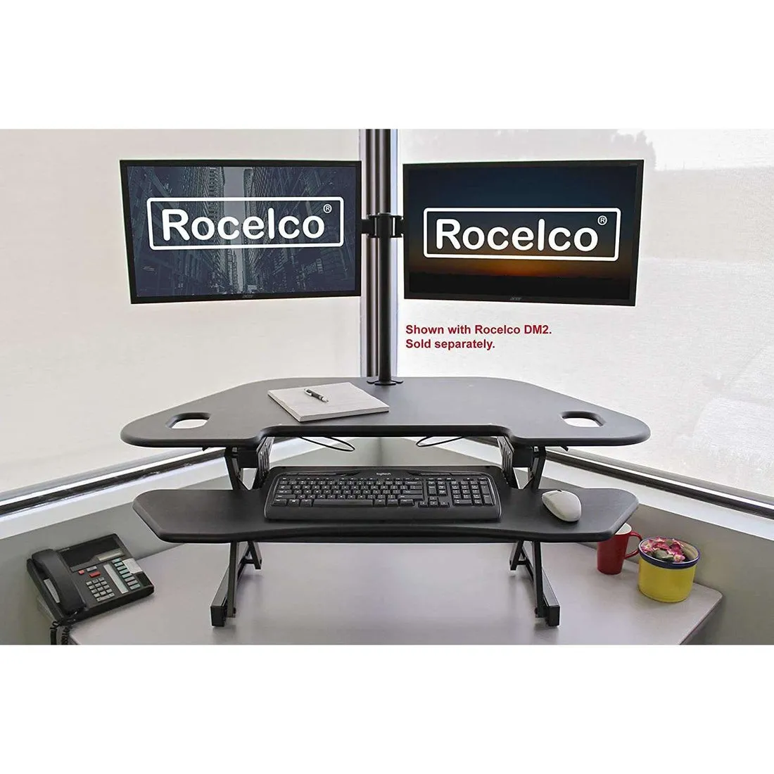 Lorell/Rocelco R CADRB-46 Black Corner Standing Desk Converter, Gas Spring Assist, Large Keyboard Tray