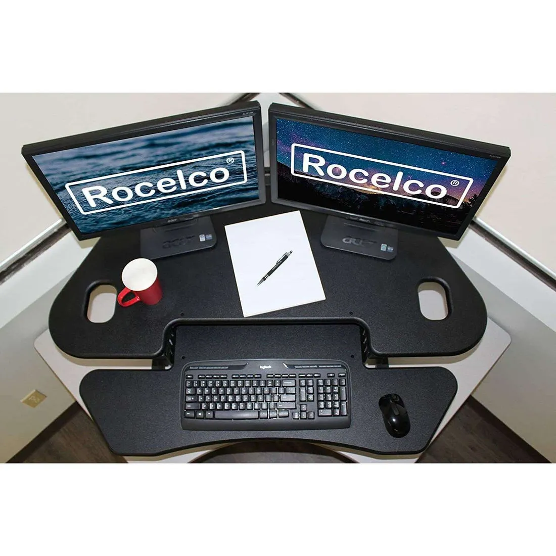 Lorell/Rocelco R CADRB-46 Black Corner Standing Desk Converter, Gas Spring Assist, Large Keyboard Tray