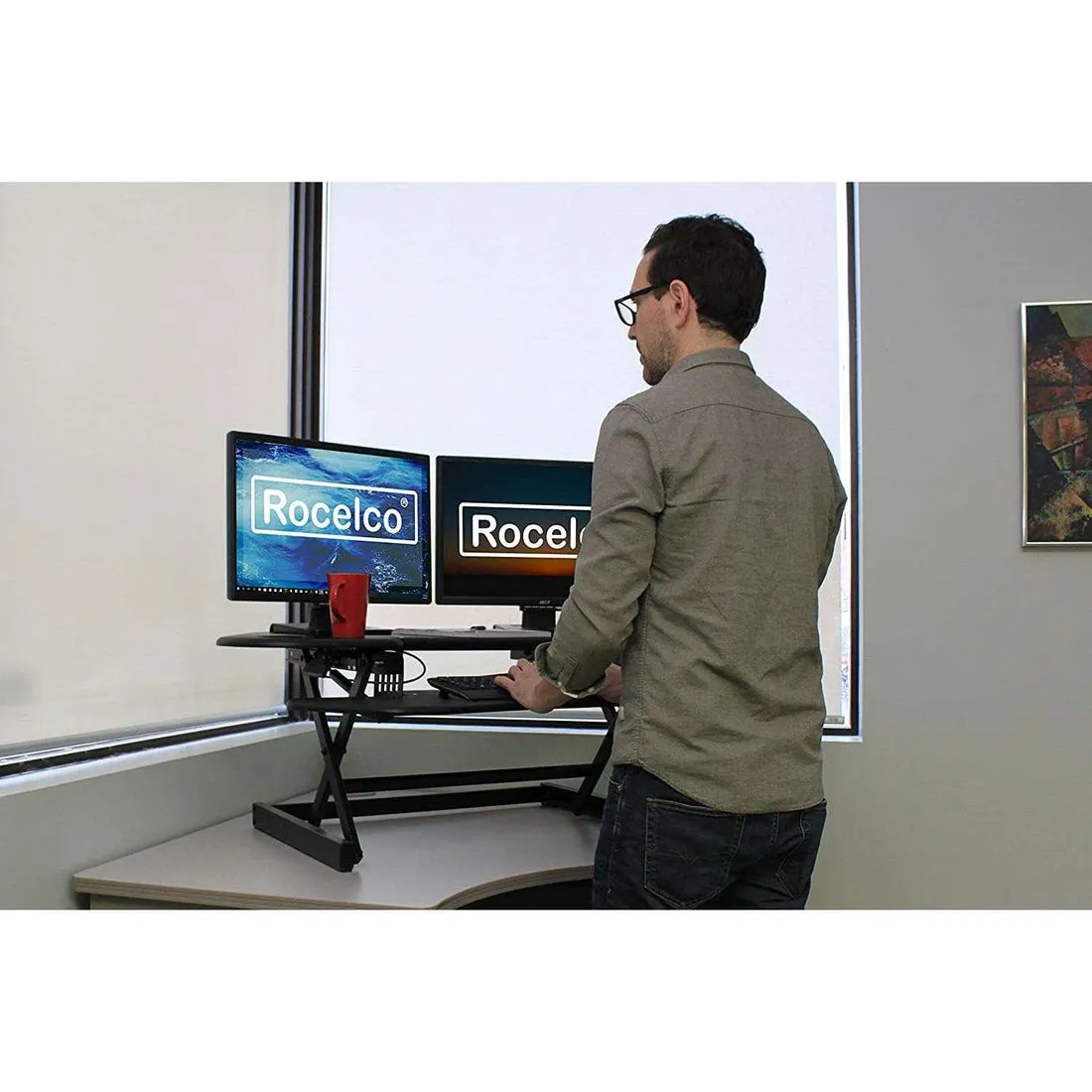 Lorell/Rocelco R CADRB-46 Black Corner Standing Desk Converter, Gas Spring Assist, Large Keyboard Tray