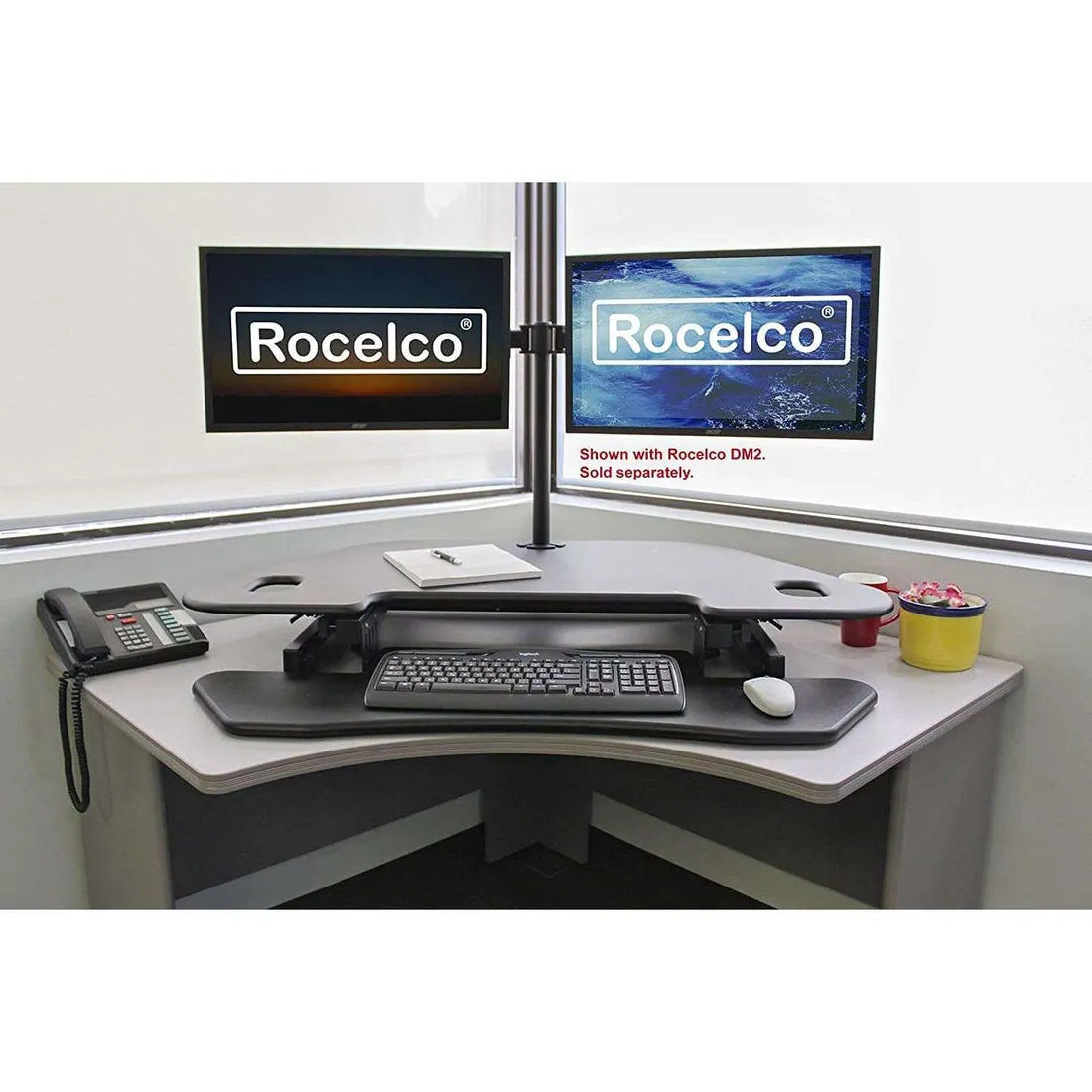 Lorell/Rocelco R CADRB-46 Black Corner Standing Desk Converter, Gas Spring Assist, Large Keyboard Tray