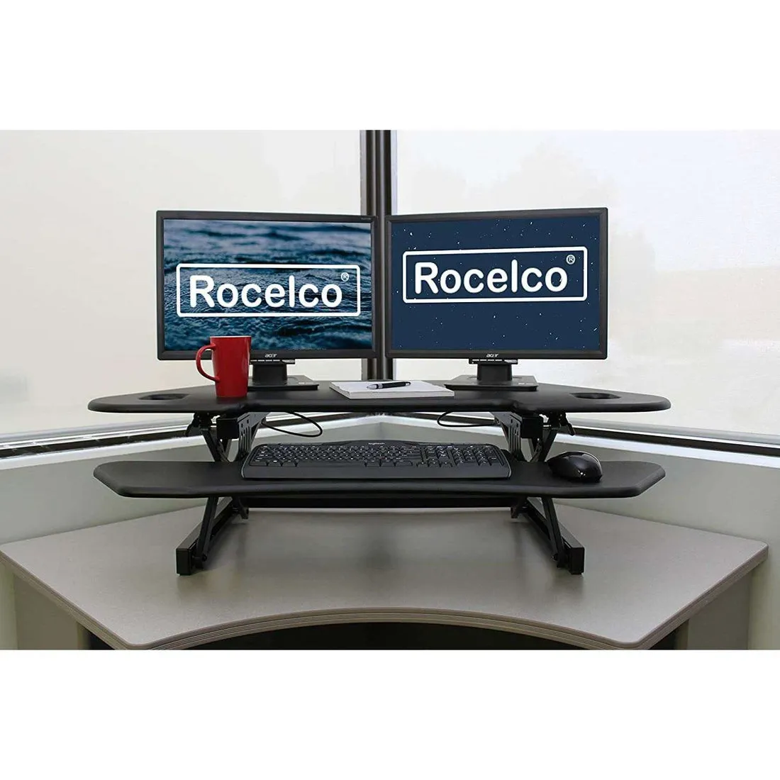 Lorell/Rocelco R CADRB-46 Black Corner Standing Desk Converter, Gas Spring Assist, Large Keyboard Tray