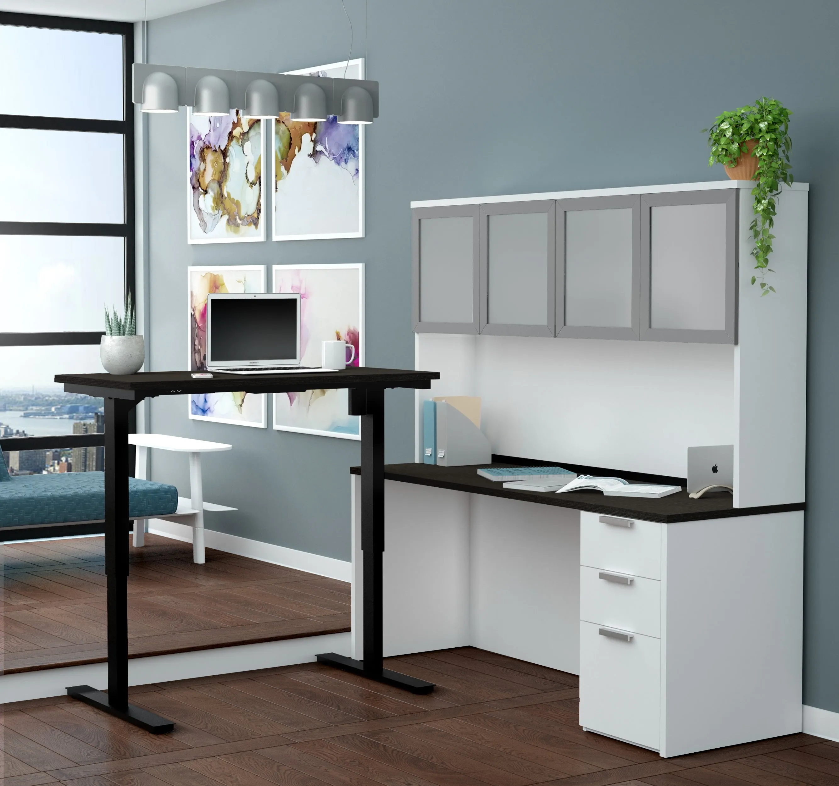 Modern L-shaped Deep Gray & White Height Adjustable Desk with Glass Door Hutch