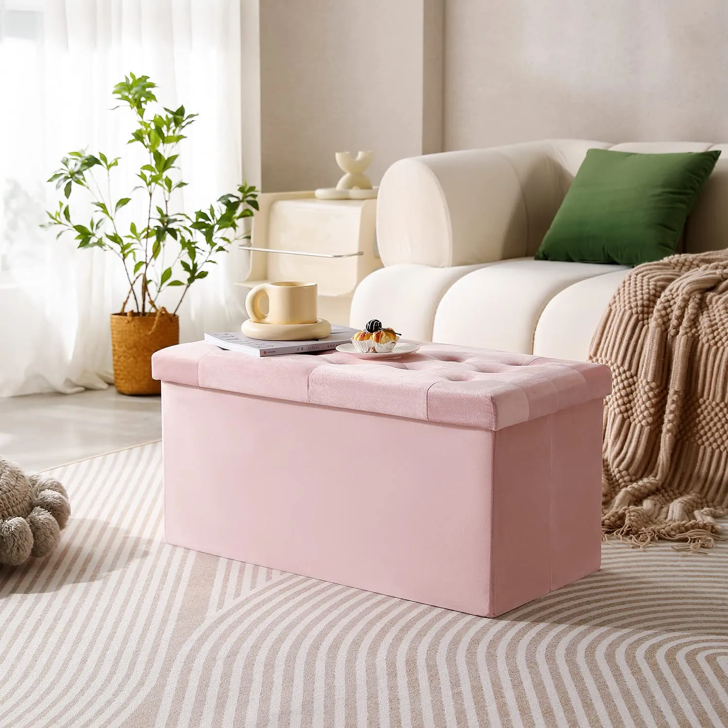 PRANDOM Extra Large Ottoman with Storage [1-Pack] Velvet Folding Small Square Foot Stool with Lid for Toy Living Room Bedroom Coffee Table Dorm Pink 30.5x15x15 inches