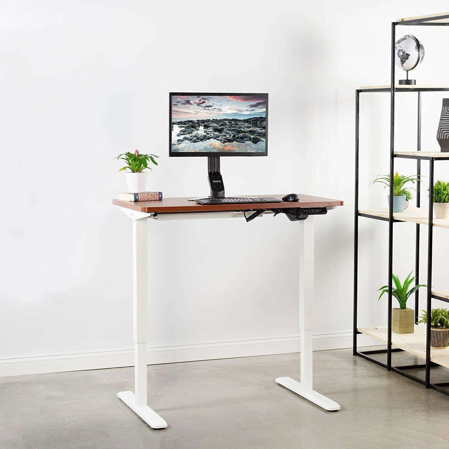 VIVO DESK-KIT-1W4D Electric 43” x 24” Standing Desk, Dark Walnut TableTop, White Frame