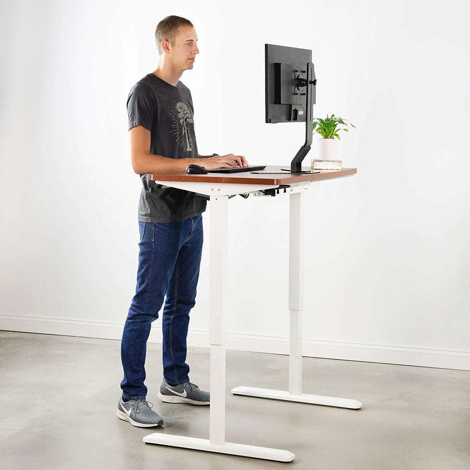 VIVO DESK-KIT-1W4D Electric 43” x 24” Standing Desk, Dark Walnut TableTop, White Frame