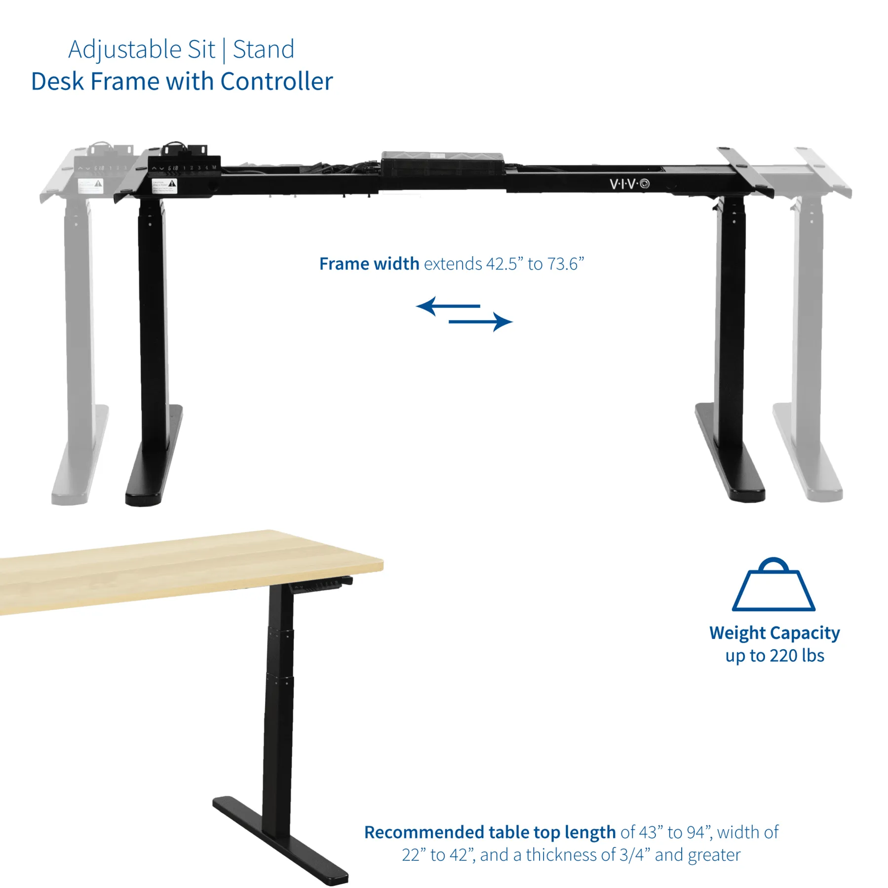 VIVO Electric 43" to 74"Long Height-Adjustable Standing Desk Frame, DESK-V120EB/V120EW