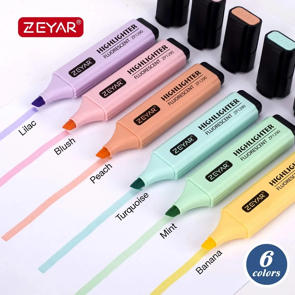 Zeyar 6 Pack Highlighter Chisel Tip Marker - Cosmetic-Elegant-Pastels Colors - Chisel Tip Markers